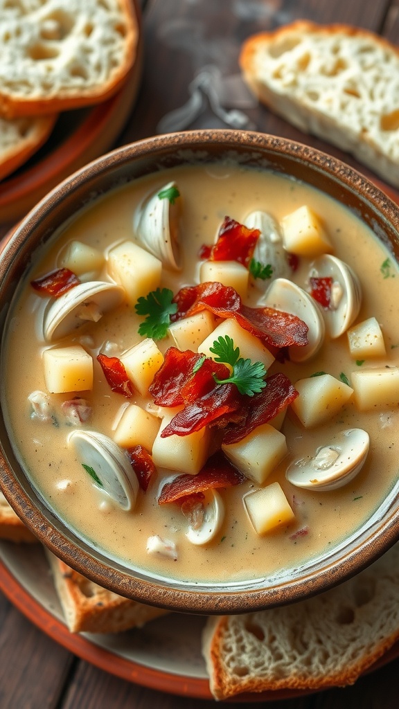 A bowl of clam chowder with clams, potatoes, and bacon, garnished with parsley, on a wooden table with bread.